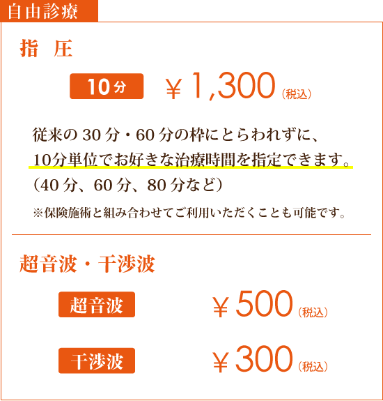 自由診療：指圧　10分 1,300円～　従来の30分・60分の枠にとらわれずに、10分単位でお好きな治療時間を指定できます。（40分、60分、80分など）超音波 500円　干渉波 300円