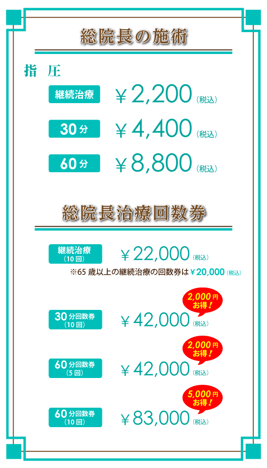 総院長の施術：継続治療　2,200円（税込）／30分　4,400円（税込）／60分　8,800円（税込）　総院長治療回数券：継続治療（10回）　2,2000円（税込）※65歳以上の継続治療の回数券は￥20,000（税込）／30分回数券（10回）　42,000円（税込）2,000円お得！／60分回数券（5回）　42,000円（税込）2,000円お得！／60分回数券（10回）　83,000円（税込）5,000円お得！ 